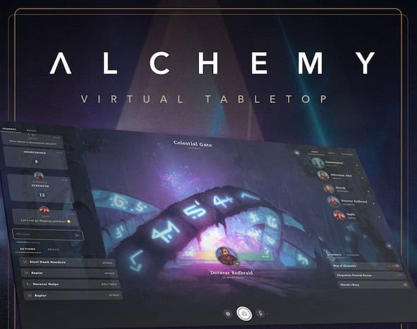 A digital interface for "Alchemy Virtual Tabletop" showcases a fantasy-themed game. With Kickstarter-backed features, the screen displays player profiles on the right and game details on the left, set against a mystical backdrop with glowing runes and a magical portal.