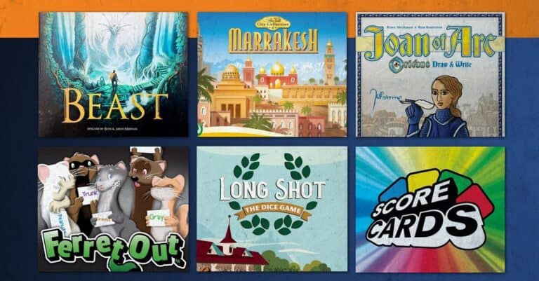 A collage of six board game covers—Beast, Marrakesh, Joan of Arc, Ferret Out, Long Shot: The Dice Game, and Score Cards—showcasing unique art and themes. Tune in to our podcast for an in-depth dive into the stories behind these captivating visuals.