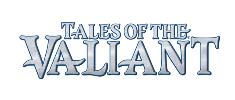 Text logo for "Tales of the Valiant" by Kobold Press, featuring bold, medieval-style lettering in silver and blue on a black background, embodying the spirit of an epic RPG.