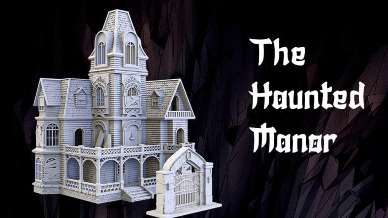 A detailed 3D model of a haunted manor with gothic architecture, featuring a towering corner, arched windows, and intricate detailing. The dark terrain sets an eerie backdrop, with "The Haunted Manor" written in spooky font on the right.