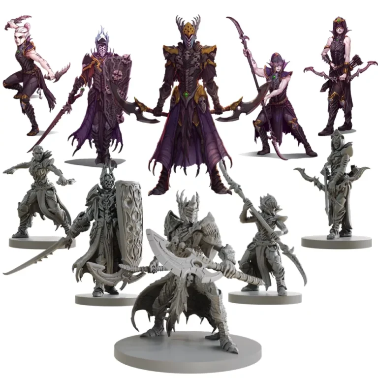 Discover a mystical collection of Twilight Kin fantasy figurines from Mantic Games. These elaborately armored warriors wield swords and bows in dynamic poses, adorned with intricate spiked armor and ornate details. Their masks and capes complement the striking purple and gray color scheme.
