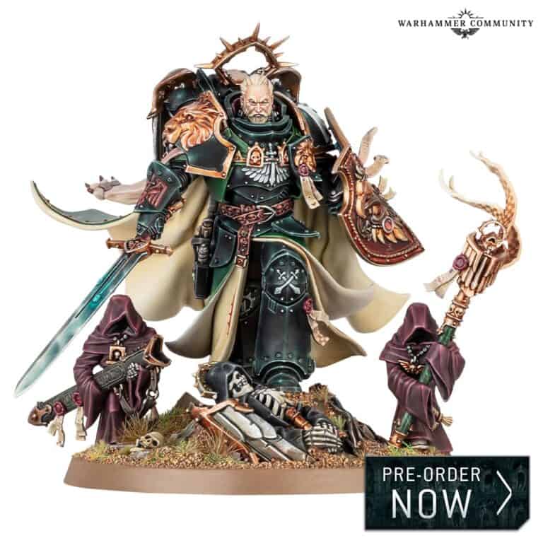 A detailed Warhammer figure, resembling Lion El'Jonson, stands in ornate armor on a rocky base with two smaller robed figures. The main figure wields a sword and staff adorned with skulls and Chaos symbols. "Pre-order Now" text is in the bottom right corner.