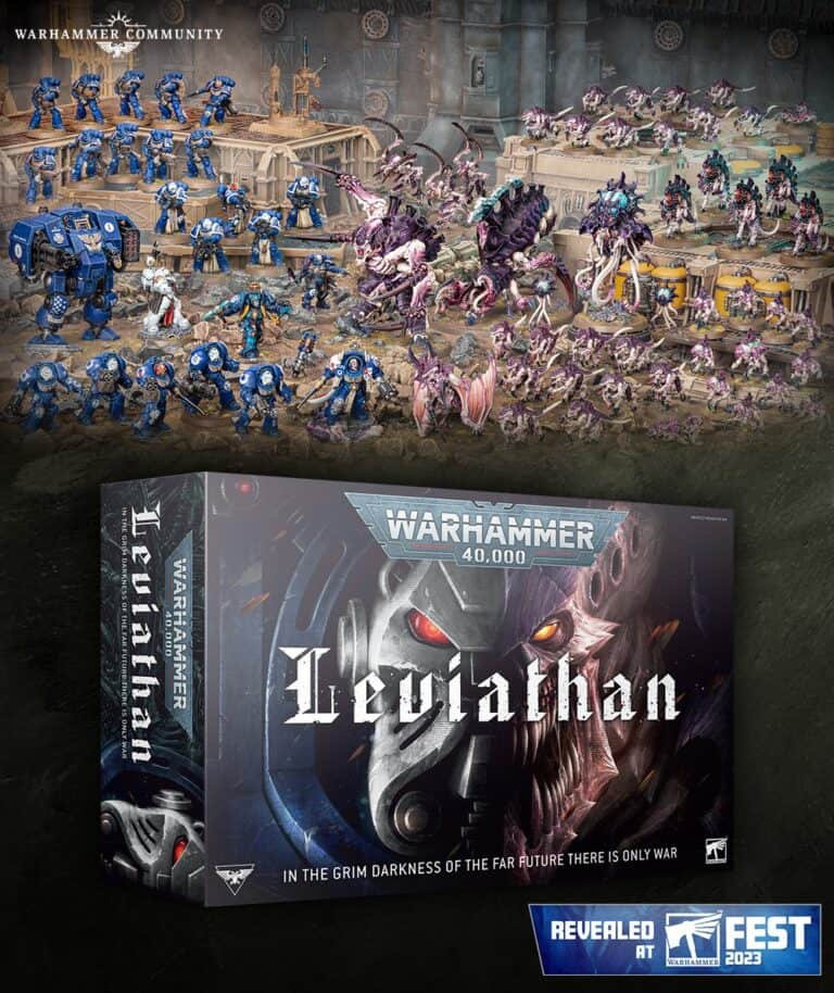 Box art for Warhammer 40,000: Leviathan showcases a dynamic battle scene with blue Space Marines clashing against alien creatures. Bold text declares "Leviathan." A banner below highlights its reveal at Fest 2023, perfect for fans of Warhammer miniatures.