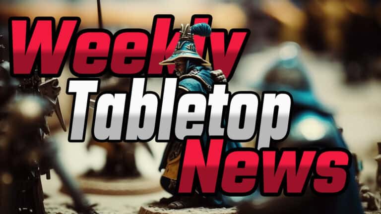 Miniature figures are displayed on a gaming table, capturing the excitement of tabletop gaming. The text "Weekly Tabletop News" overlays the image in bold red and white letters, bringing you the latest updates from the world of strategy and imagination.