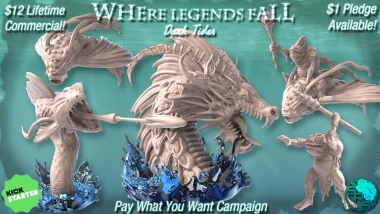 A promotional image for "Where Legends Fall: Dark Tides" showcases intricate sculptures of mythical sea creatures. Snippets of text highlight $12 lifetime commercial access and a $1 pledge option. Kickstarter logo included at the bottom left, ready to make waves this Friday.