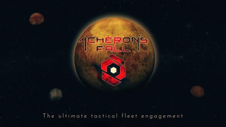 A space-themed image showcases a large planet with four smaller celestial bodies in the background, perfectly capturing the essence of Acheron's Fall, an epic board game adventure set within the Infinity Universe. The text "The ultimate tactical fleet engagement" graces the bottom.