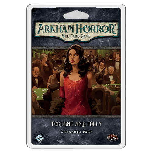 Card game pack cover titled "Arkham Horror: The Card Game - Fortune and Folly" showcases a Casino Heist. A woman in a red dress stands amidst elegantly dressed patrons, enveloped in the dimly lit, mysterious allure of the casino's ambiance.