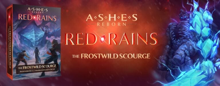 A promotional image for "Ashes Reborn: Red Rains - The Frostwild Scourge" showcases an expansion set with a card deck box adorned with artwork of characters in a snowy landscape and a menacing ice creature. The title and logo are prominently displayed against a fiery background.