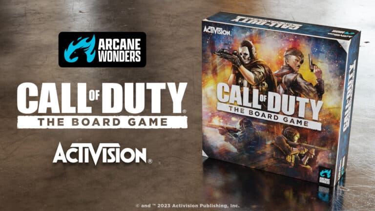 Cover image of "Call of Duty: The Board Game" by Arcane Wonders and Activision, launching on Kickstarter. The box showcases artwork of armed characters on a battlefield, with logos of Arcane Wonders and Activision prominently displayed.