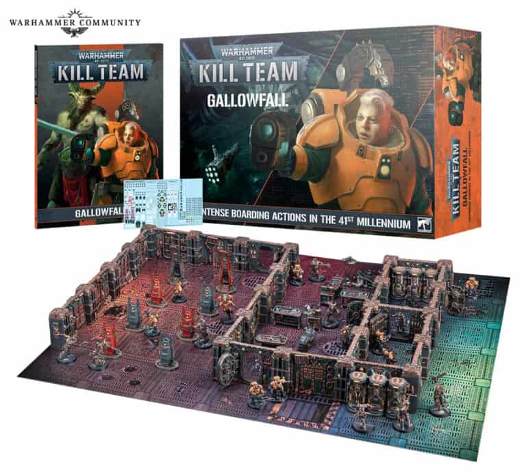 The Warhammer 40,000 Kill Team: Gallowfall set showcases a detailed game board with miniature figures and intricate terrain. The box art, reminiscent of thrilling Black Library Books, depicts futuristic warriors engaged in intense boarding actions of the 41st millennium.