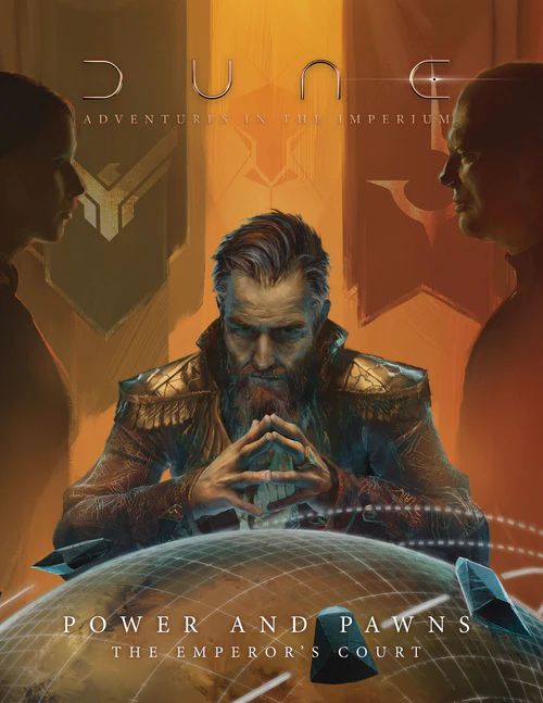 Cover art for "Dune: Adventures in the Imperium - Power and Pawns: The Emperor's Court," a PDF adventure. A bearded man sits contemplatively, hands clasped, with two silhouetted figures and banners in the background. A planet and ships appear at the bottom.