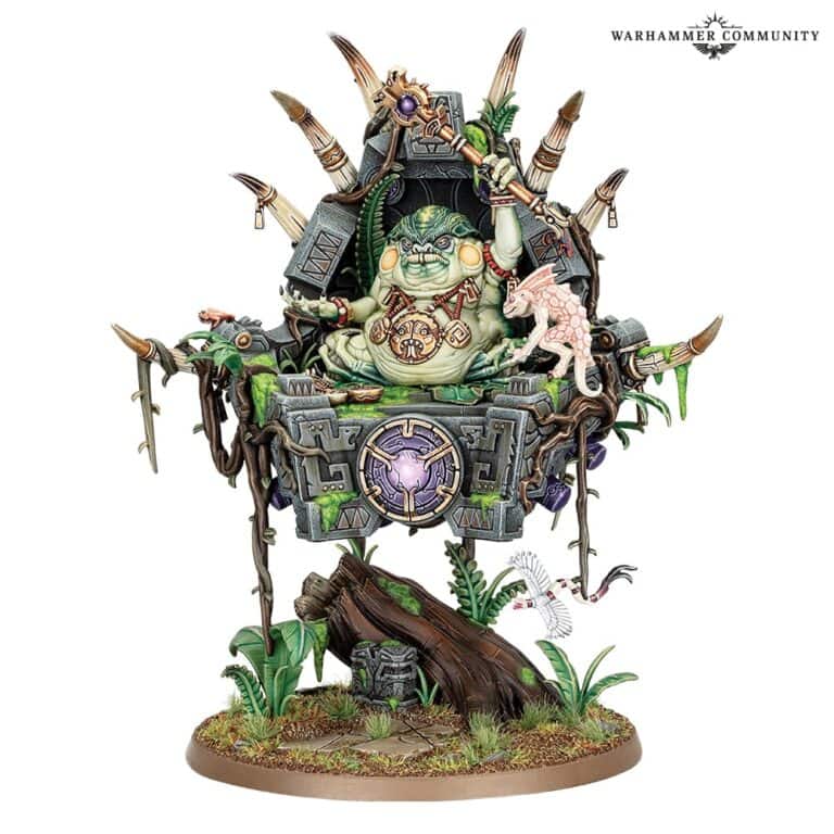 A detailed model of a Warhammer fantasy creature sitting on an ornate, floating throne adorned with horns and mystical symbols. The green figure wears light armor, surrounded by small creatures, evoking the grandeur of a Seraphon Army Set. Lush vegetation flourishes at the base.