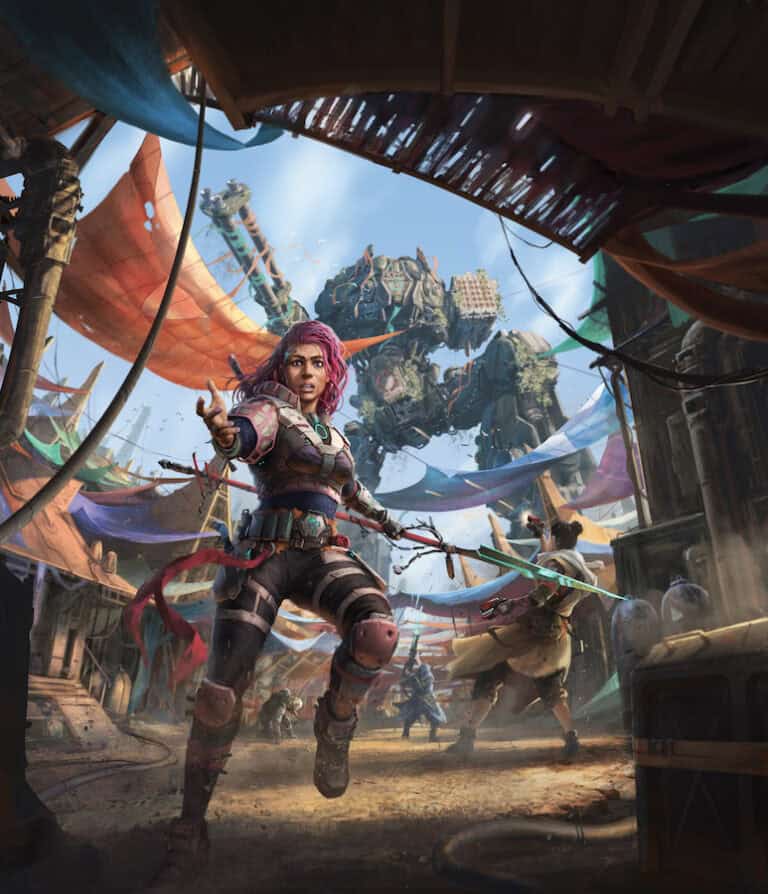 In "Dreams and Machines," a warrior with purple hair sprints through a vibrant market street, colorful fabric awnings overhead. A massive mechanical robot looms behind, while scattered civilians react in surprise—an epic scene from this immersive RPG Starter Set.