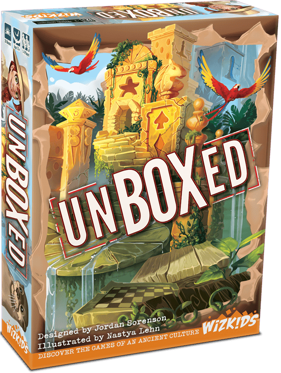 The colorful board game box titled "Unboxed" from WizKids showcases ancient temple ruins and two vibrant parrots. Designed by Jordan Sorenson and illustrated by Nastya Lehn, this intriguing archaeological board game invites players to "Discover the Games of an Ancient Culture.