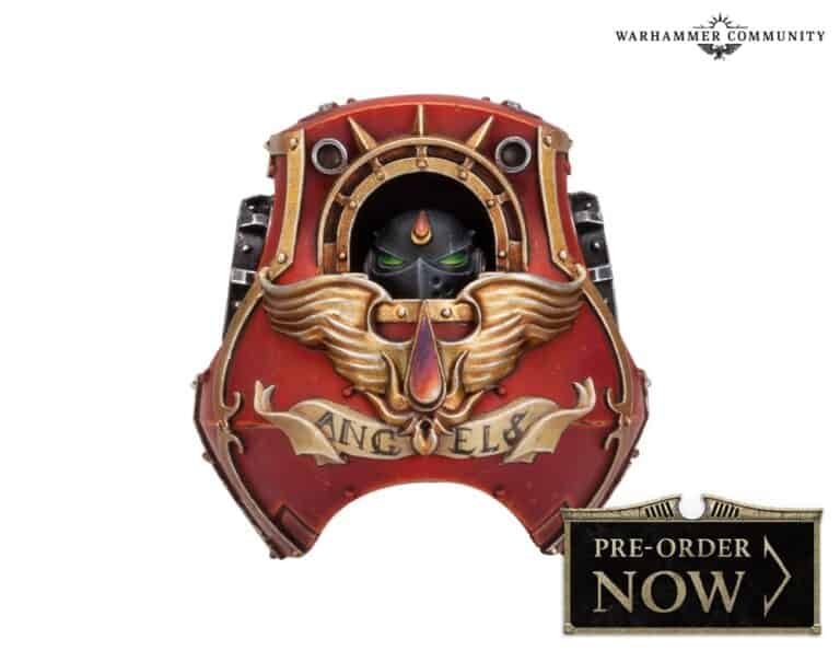 A red and gold Warhammer 40 armor piece with an angelic winged design and the word "Angels" prominently displayed, resembling a Forge World creation. A sign at the bottom reads, "Pre-Order Now.