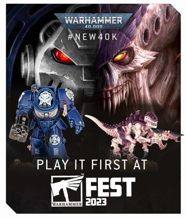 A promotional image for Warhammer 40,000 New Edition with the hashtag #NEW40K showcases a robotic armored figure and a monstrous creature in a dark, dramatic setting. Text invites fans to "Play it first at Warhammer Fest 2023.