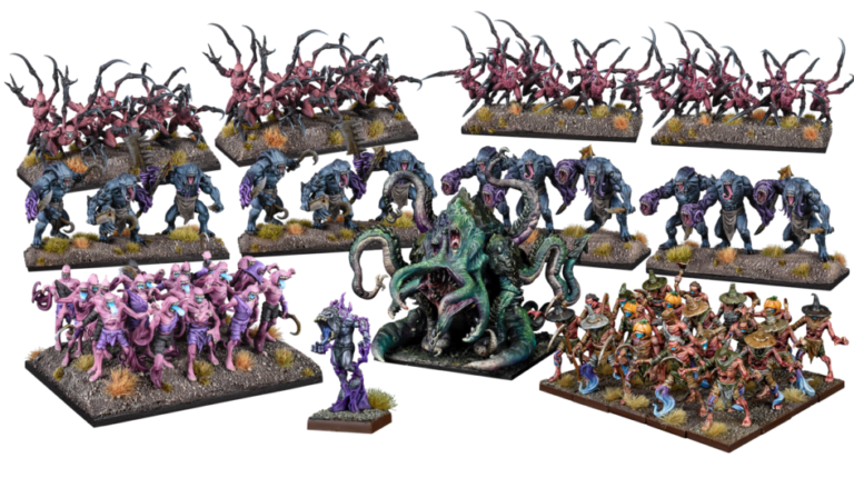 Discover the Nightstalker Releases by Mantic Games, featuring a collection of painted fantasy miniatures. Face your fears with purple creatures sporting tentacles, blue monsters with multiple limbs, and armored warriors, all artfully arranged on textured bases with grassy details.