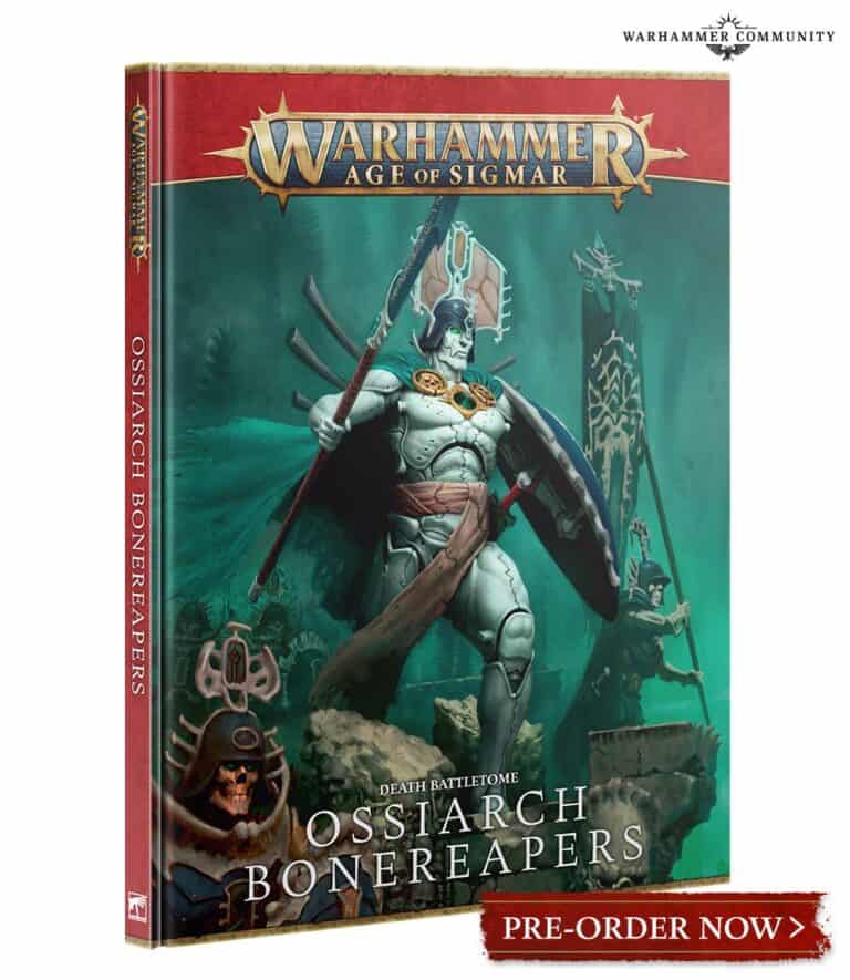 The cover of "Warhammer Age of Sigmar: Ossiarch Bonereapers" Battletome from Games Workshop showcases a skeletal warrior in ornate armor wielding weapons, set against a vivid green backdrop. The text includes the title and a "Pre-order Now" promotion.