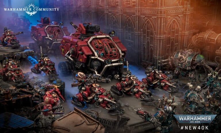 A detailed tabletop scene from Warhammer 40,000's new edition features armored vehicles and figures in a futuristic battle setting, complete with rugged terrain and intricate architecture. The colors are rich with reds and earth tones, conveying a sense of intense action.