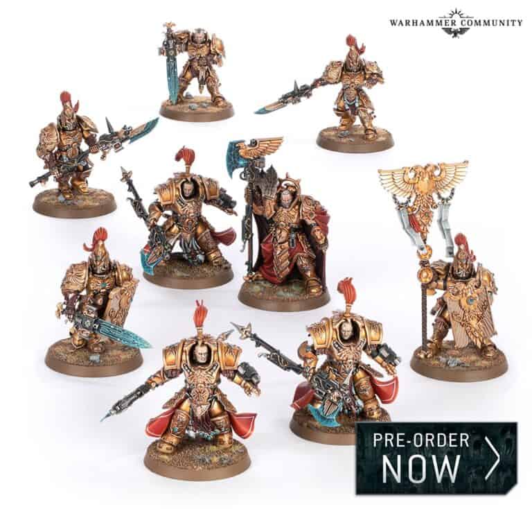 Explore a collection of intricately painted miniature figures from Warhammer 40, showcasing armored soldiers with weapons and shields on round bases. Crafted by Games Workshop, these miniatures promise tactical excitement. Text at the bottom says "Pre-Order Now.
