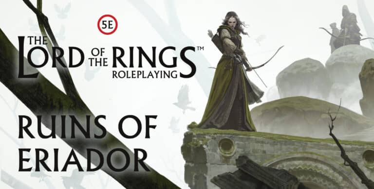 Cover art for "The Lord of the Rings Roleplaying 5E: Ruins of Eriador" expansion, featuring an archer on ancient stone ruins amid misty, mountainous terrain with flying birds. The style beautifully captures a medieval fantasy setting befitting this iconic roleplaying game.