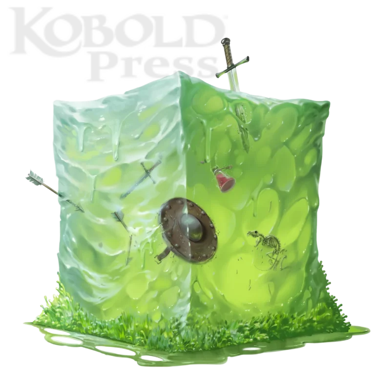 A large, translucent green gelatinous cube with weapons and a skeleton trapped inside rests on grass, with "Kobold Press" above it. This haunting scene teases an exciting Monsters Update from the Tales of the Valiant series.