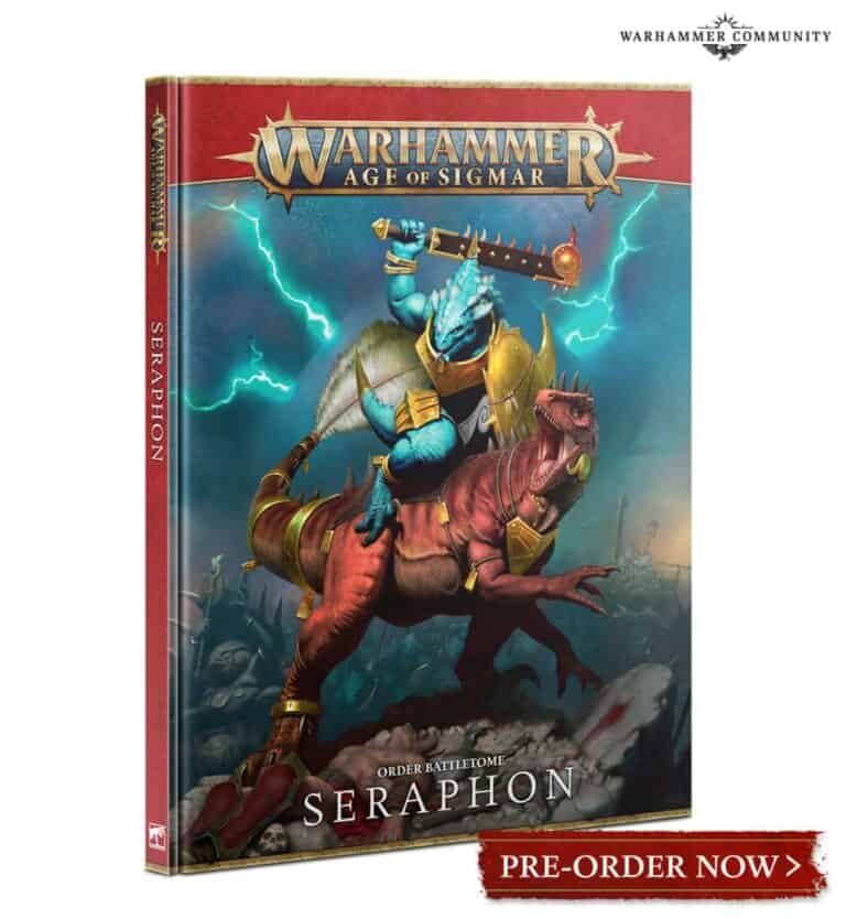 Cover of "Warhammer Age of Sigmar: Seraphon" Battletome by Games Workshop. Features a warrior riding a dinosaur, wielding a weapon against a stormy backdrop. Includes "Order Battletome: Seraphon" with a vibrant "Pre-order Now" banner at the bottom.