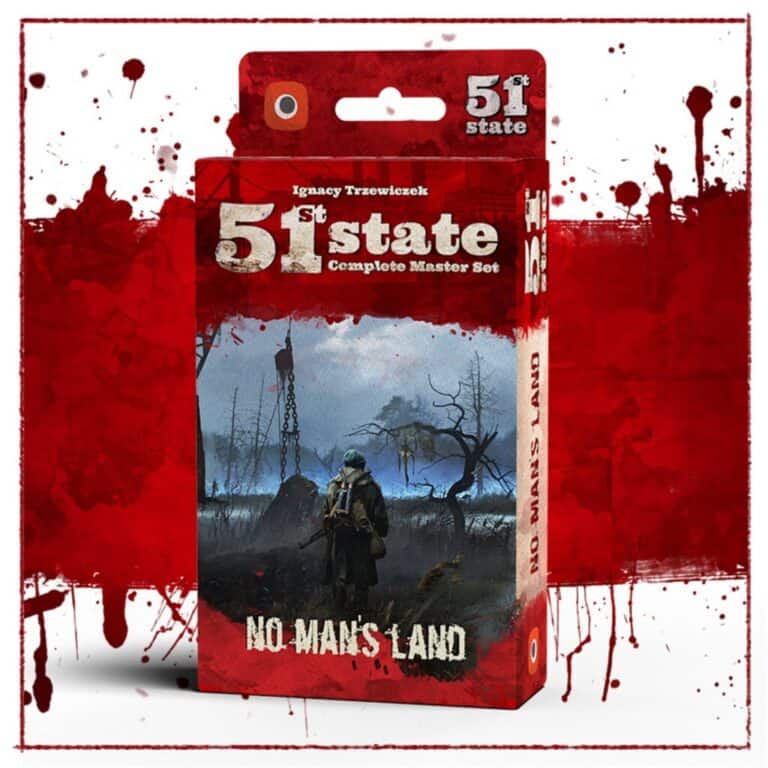 The "51st State: Complete Master Set" expansion from Portal Games, titled "No Man's Land," features artwork of a lone figure in tattered clothing navigating a desolate, post-apocalyptic landscape. The red-splattered backdrop hints at the strategic area control elements in this gripping expansion.