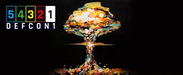 A stylized, colorful depiction of a mushroom cloud against a black background is shown next to a DEFCON status chart, with DEFCON 1 highlighted, reminiscent of the tense strategies in a Cold War Board Game.