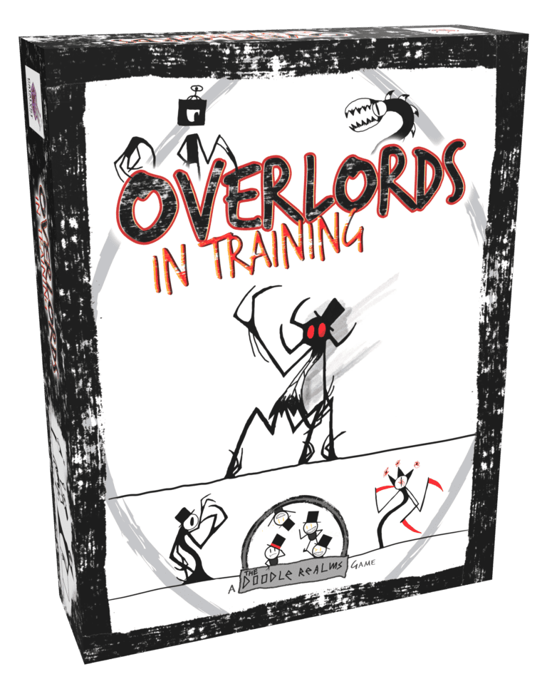 The "Overlords: In Training" board game box boasts a sketchy, black-and-white design with striking red accents. The art showcases an overlord figure commanding its minions beneath. With the intriguing tagline "A Doodle Realms Game," this unique creation might be your next Kickstarter campaign favorite.