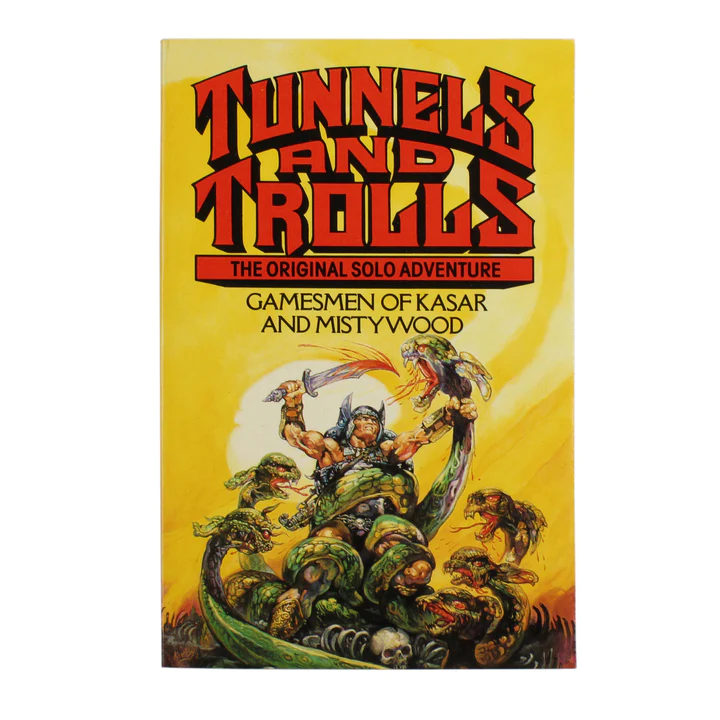 The cover of "Tunnels & Trolls: The Original Solo Adventure" vividly captures a warrior's rebellion against serpentine creatures. In bold red, the title stands above "Gamesmen of Kasar and Mistywood." A dramatic circular yellow background accentuates this classic scene of defiance.