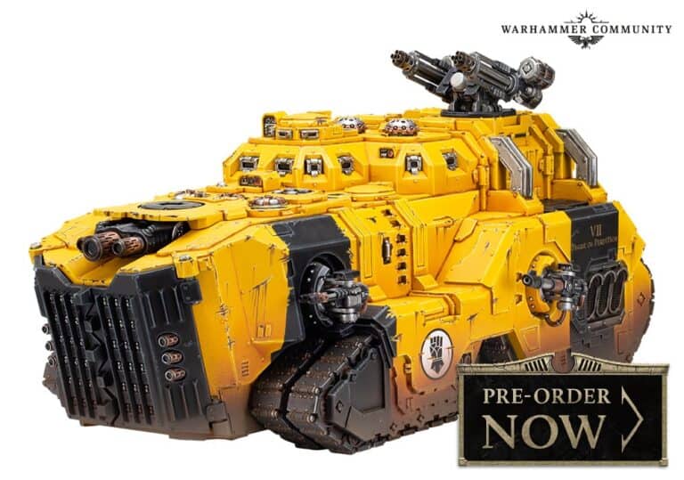 A detailed yellow sci-fi armored vehicle with turrets and tracks showcases the Warhammer Community logo, embodying the rugged, futuristic allure of the Age of Darkness. A "Pre-order Now" sign is in the bottom right corner, inviting Space Marines enthusiasts to secure this intricately designed masterpiece.