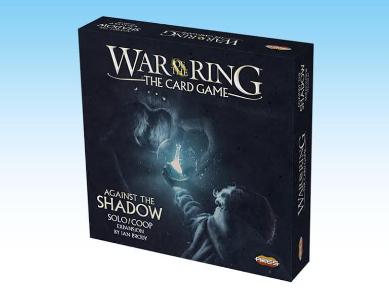 The box cover of "War of the Ring: The Card Game - Against the Shadow," the first expansion by Ares Games, showcases a hooded figure holding a glowing sword. The background features a stunning gradient from blue to white sky, capturing the essence of this epic card game.