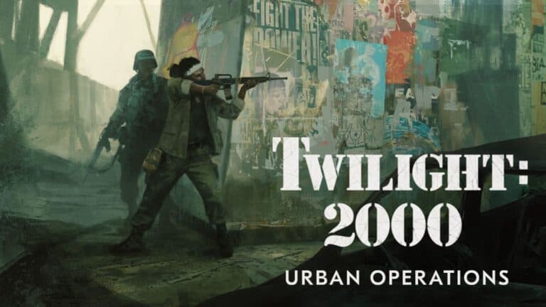 Cover art for "Twilight: 2000 Urban Operations" by Free League Publishing features two armed soldiers navigating a graffiti-covered cityscape. One soldier aims a rifle while the other stands behind, partially obscured, capturing the intense vibe of urban warfare.