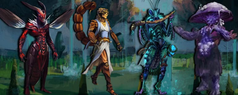 Four fantasy creatures stand side by side in a dense forest, ready for survival. From left to right: a red insect-like figure, a scorpion-tailed humanoid in armor, a vibrant blue and green armored creature, and a purple mushroom person with a cap-like head. A true TTRPG adventure awaits.