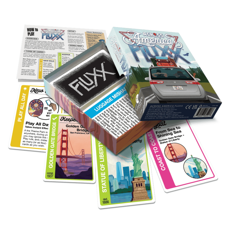Image of the board game "Across America Fluxx" by Looney Labs with an open box revealing colorful cards. The cards feature illustrations of landmarks like the Golden Gate Bridge and the Statue of Liberty. A "Fluxx" rule pamphlet is also visible, showcasing the playful chaos of America Fluxx.