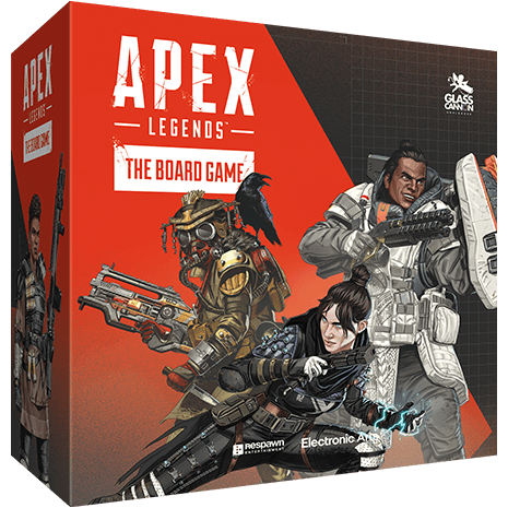 The Kickstarter edition box cover of "Apex Legends: The Board Game" features three stylized characters in combat gear, each wielding weapons. The bold red title stands out at the top against a backdrop of dynamic poses and action-themed illustrations.