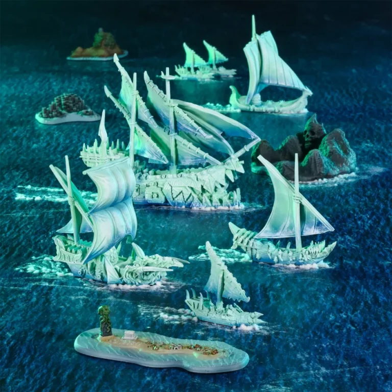 A collection of intricately designed, ghostly green model ships resembles a mythical Armada Tabletop Game fleet at sea. The scene, set on a textured ocean surface from Mantic Games’ Seas of Dread series, includes small rocky islands. The ships appear fantastical with skeletal and organic elements.