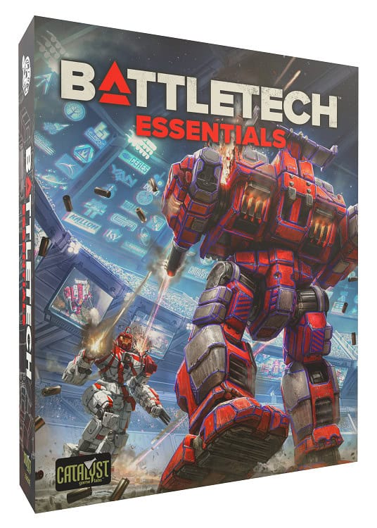 The box cover of the "BattleTech Essentials" showcases a fierce duel between two armored mechs, one unleashing its weapon amidst digital displays and battle debris. Available at Target Stores, the iconic Catalyst Game Labs logo adorns this Essentials Boxed Set.