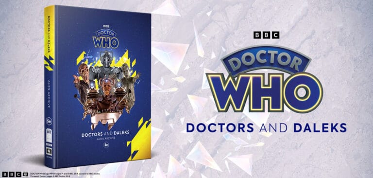 Cover image of "Doctor Who: Doctors and Daleks" album, an exciting blend with the Doctor Who Roleplaying Game, featuring various iconic characters. The cover is dominated by shades of blue and yellow, with angular, translucent shapes. The BBC logo is prominently displayed at the top.