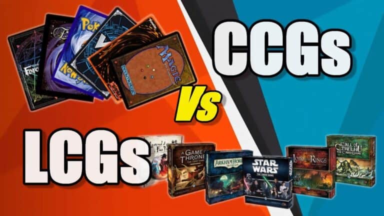 A split image with "LCGs" on the left, featuring card decks like Pokémon and Magic, and "CCGs" on the right, showcasing boxed games such as A Game of Thrones and Star Wars. The colorful red and blue background feels like a lively podcast debate: "CCGs vs LCGs.