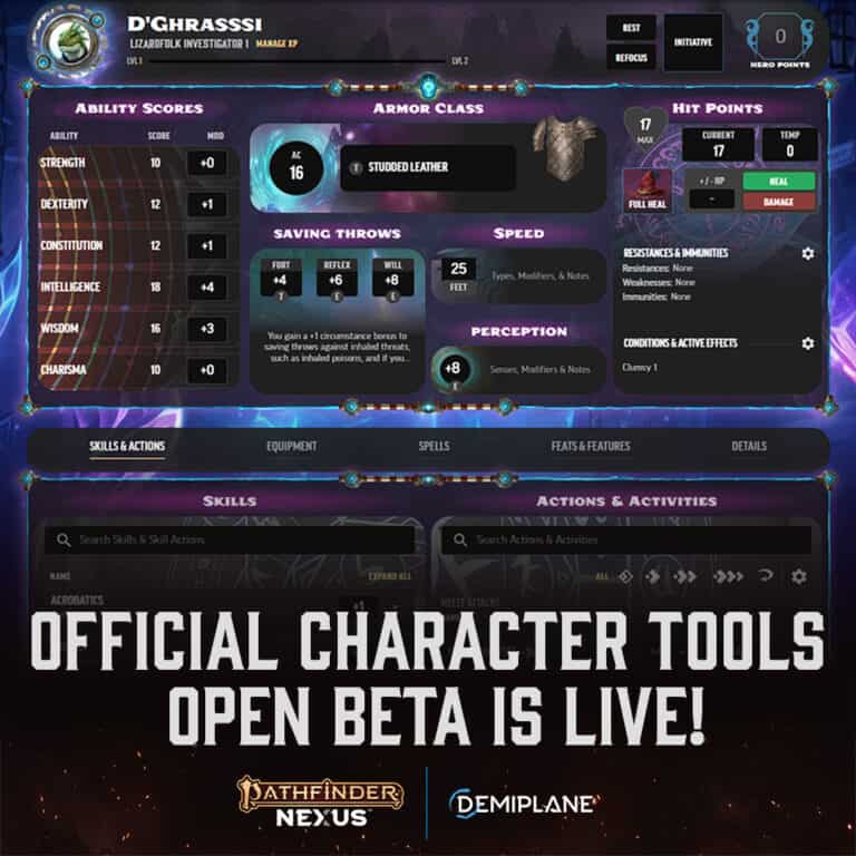 A screenshot of a character sheet from Pathfinder NEXUS displays stats such as armor class, hit points, and abilities. The bottom text announces, "Official Character Tools Open Beta is Live!" alongside the Pathfinder and Demiplane logos.