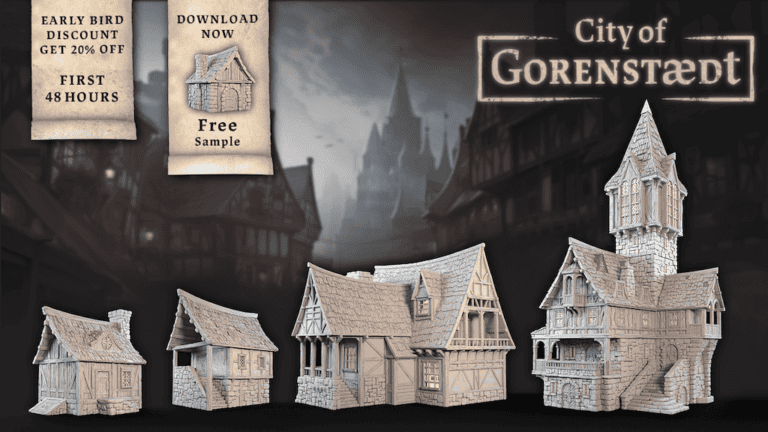 A promotional image for "City of Gorenstaedt" unveils detailed models of medieval-style buildings nestled at a misty street corner. Snag a 20% discount for early purchases and explore the intricate terrain with a free sample download.