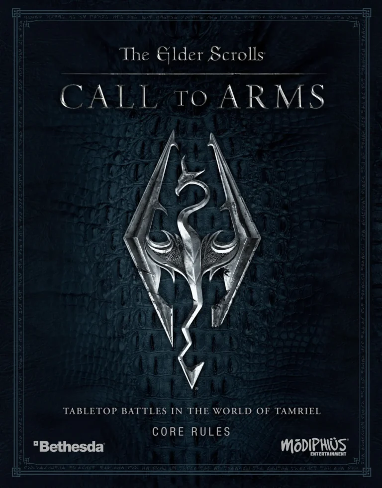 Cover art for "The Elder Scrolls: Call to Arms" board game showcases a stylized silver dragon emblem on a textured dark background. The text reads "Tabletop Battles in the World of Tamriel, Core Rules." Updated rulebook logos for Bethesda and Modiphius are displayed.