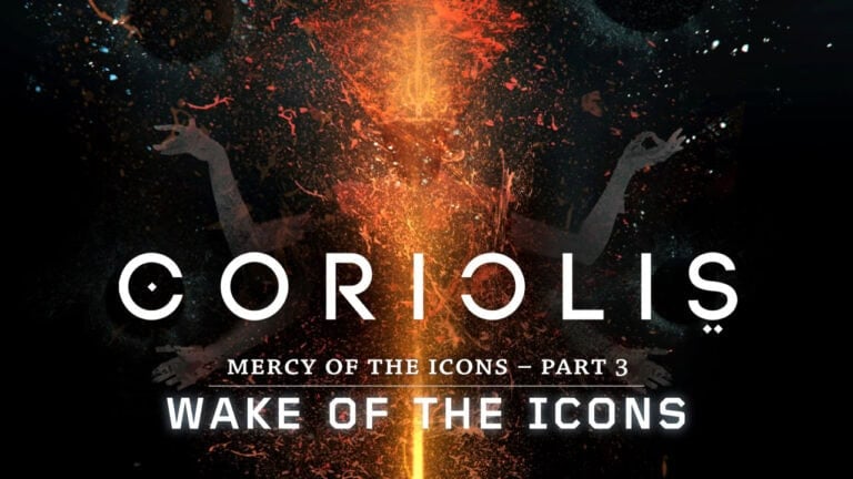 Cover image for "Coriolis - The Third Horizon: Mercy of the Icons Campaign - Part 3: Wake of the Icons," featuring an abstract design with an orange vertical streak, ethereal figures, and a cosmic background. Bold, white text showcases the title.