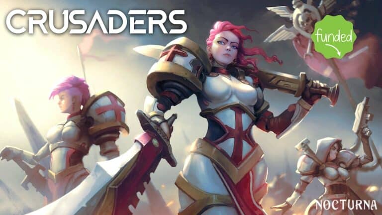 Illustration of three armored female warriors wielding swords under a dramatic sky. With pink hair and determined expressions, these "Crusaders" captivate. A green "funded" icon decorates the top left corner while the "Nocturna" logo graces the bottom right, offering midweek snippets of epic bravery.