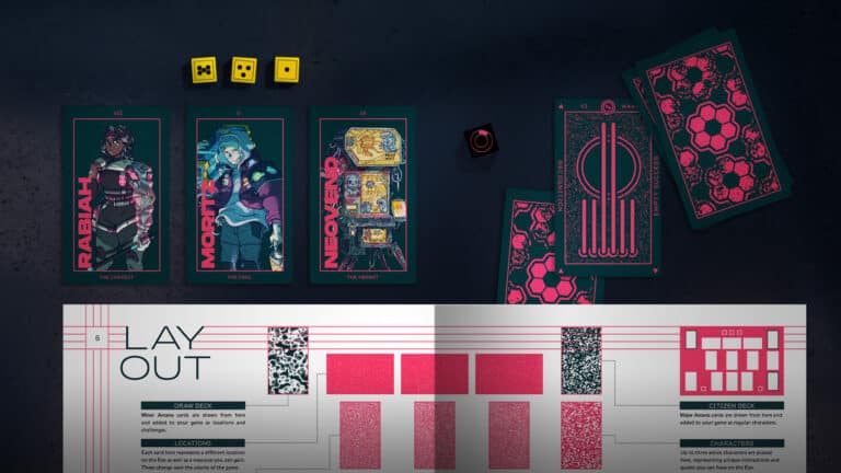 A tarot-based tabletop game setup featuring three character cards, three stacks of tarot-style cards, five dice, and an open rulebook. The vibrant illustrations and text on the cards bring "Cycles of the Eye" to life. The rulebook showcases game layout instructions adorned with red patterns.