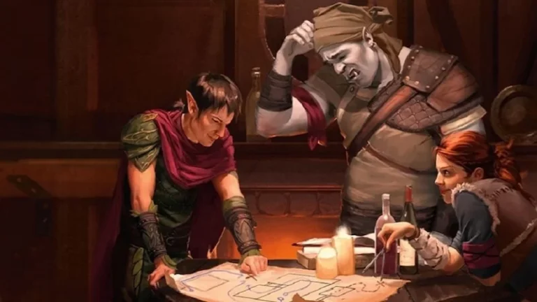 Three fantasy characters—a Wizards of the Coast elf examining a map, an orc with a confused expression, and a human woman pointing at the map—confer over a table lit by candlelight. Bottles and a dagger are also on the table, suggesting a planning session amidst their Creator Summit.