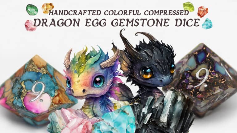 Two whimsical dragon figurines, one with rainbow scales and the other black with blue accents, sit between colorful gemstone dice labeled with the number 9. This midweek snippet captures "Handcrafted Colorful Compressed Dragon Egg Gemstone Dice" in all its enchanting glory.