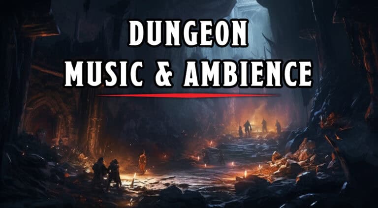 A dimly lit dungeon scene with scattered torches casting an orange glow. Silhouetted figures stand among rocky terrain. Bold text in the center reads "RoleplayRhythms: Dungeon Music & Ambience," perfect for enhancing your tabletop gaming adventures.